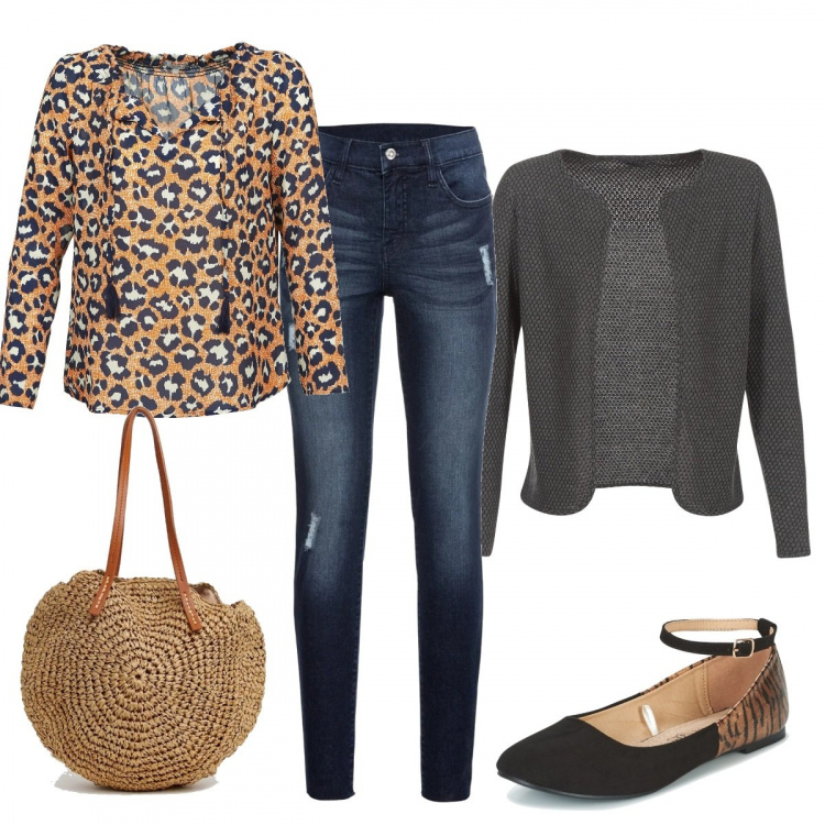 Outfit donna - Animalier naturale. Stile Trendy per Tutti i giorni. Abbinamento con jeans strappati, gilet, ballerine nero, camicie, shopping bag a calamita in paglia con tasca interna.
