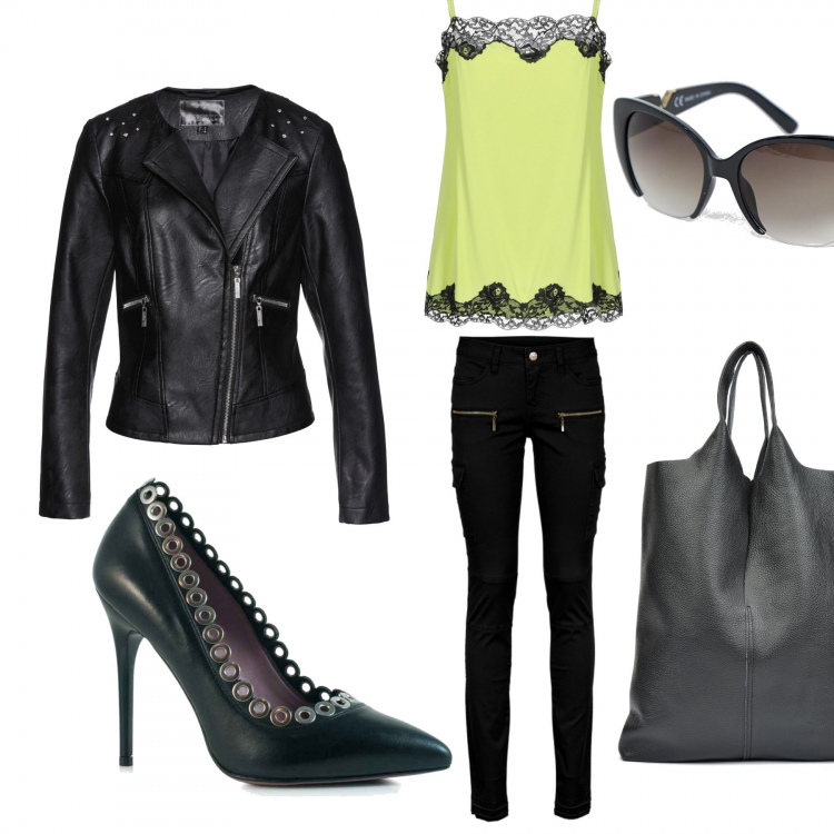 Outfit donna - Rock #1208. Stile Rock per Tutti i giorni. Abbinamento con pantaloni cargo, costumi interi, top con pizzo fantasia effetto acetato in seta crêpe, shopping bag made italy con zip nero, occhiali da sole a gatto stanghette sottili nero, décolleté con borchie.