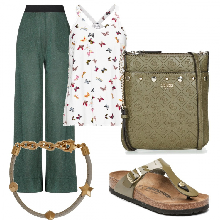 Outfit donna - In città. Stile Trendy per Tutti i giorni. Abbinamento con top, pantalone lavorato a maglia vita alta tinta unita, borsa verde, infradito effetto vernice con fibbia e punta tonda kaki, bracciale.