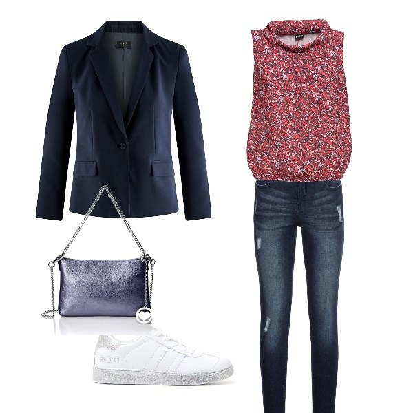 Outfit donna - Basic #5637. Stile Basic per Tutti i giorni. Abbinamento con jeans strappati, blusa senza maniche, sneakers, blazer aderente blu, borsa a tracolla blu.
