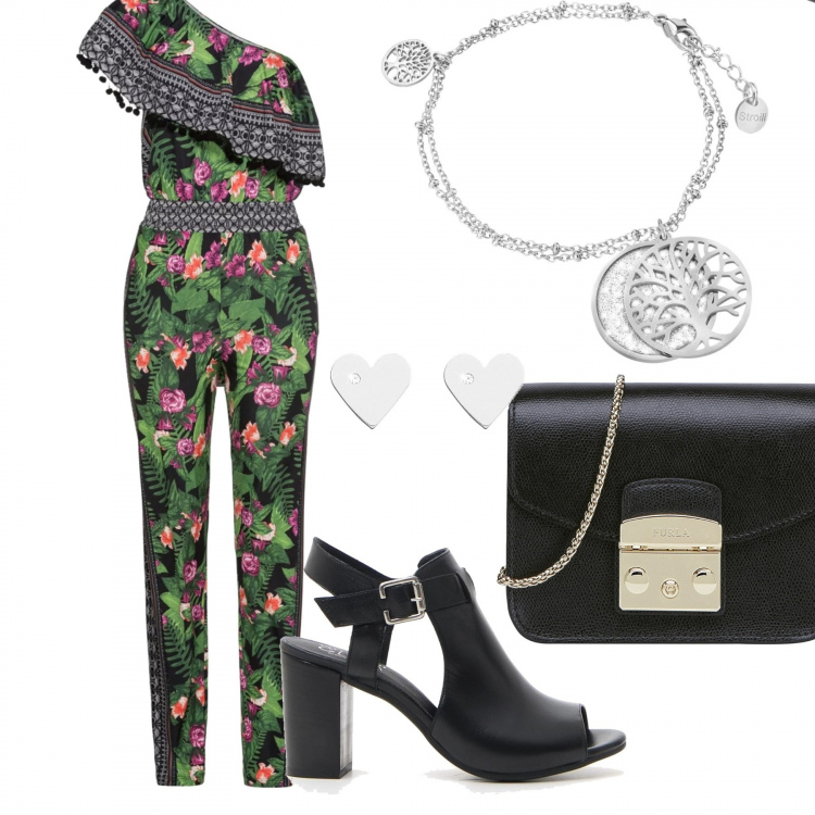 Outfit donna - Aperitivo green. Stile Trendy per Serata fuori. Abbinamento con tuta monospalla fantasia con volant verde, giacca con strass delavé collo classico a maniche corte interno sfoderato in denim tinta unita, sandali, bracciale, borsa a tracolla mini, orecchini.