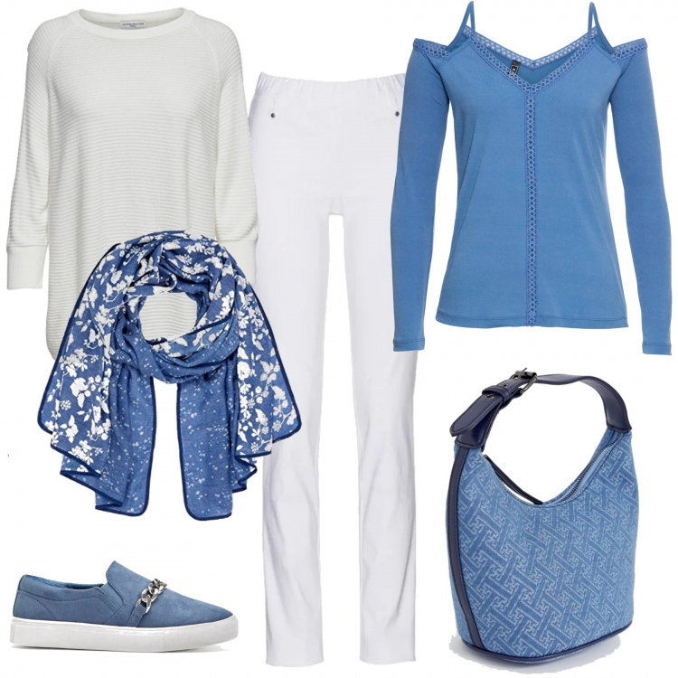 Outfit donna - Come il cielo in aprile. Stile Basic per Tutti i giorni. Abbinamento con pantaloni, blusa con spalline sottili a maniche lunghe in maglina blu, mocassini, vestito petite con stampa e cinturino in denim, pullover, sciarpa con stampa taglia unica blu.