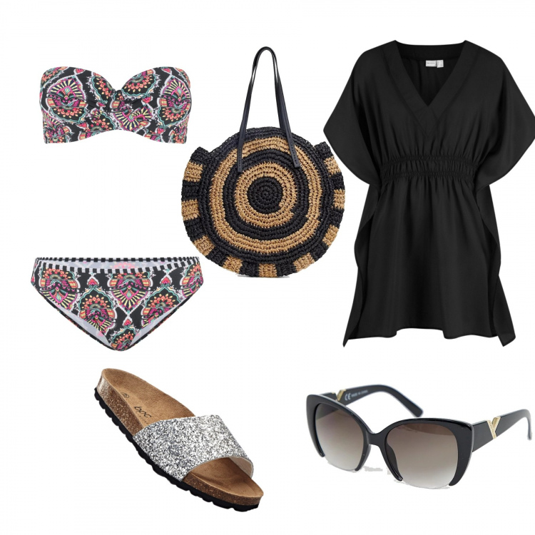 Outfit donna - Relax in spiaggia. Stile Trendy per Mare. Abbinamento con tuniche, ciabatte, shopping bag in paglia con tasca interna nero, occhiali da sole a gatto stanghette sottili nero.