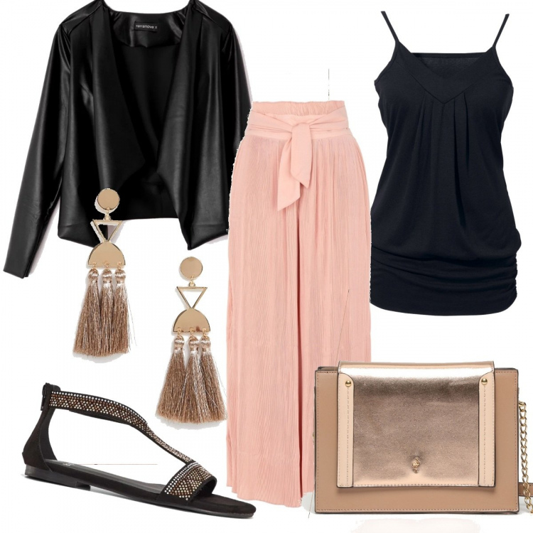 Outfit donna - Dettagli etnici ma chic. Stile Basic per Serata fuori. Abbinamento con top, sandali, pantalone plissè crêpe, giacca scollatura in ecopelle nero, borsa a tracolla, orecchini pendenti farfalla con nappine oro.