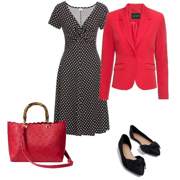 Outfit donna - Femminilità ogni giorno. Stile Bon Ton per Tutti i giorni. Abbinamento con vestiti lunghi, blazer, borsa a mano rosso, ballerine con fiocco nero.