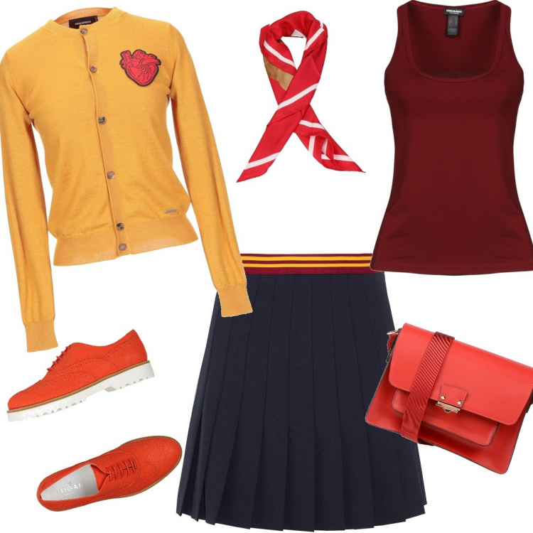 Outfit donna - College. Stile Bon Ton per Scuola/Università. Abbinamento con scarpe stringate, gonna, canotta intima melange collo tondo senza maniche jersey, maglioncino in lana, borsa a tracolla mini a scatto interno foderato in pelle tinta unita, foulard.