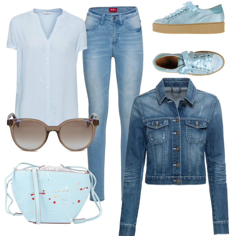 Outfit donna - Basic #5699. Stile Basic per Tutti i giorni. Abbinamento con sneakers tennis, borsa a tracolla secchiello in pelle martellata taglia media con coulisse interno foderato tinta unita, jeans skinny blu, blazer, blusa blu, occhiali da sole.