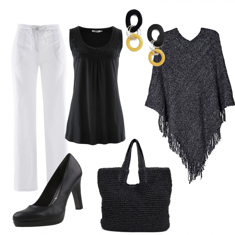 Outfit donna - Borsa di Paglia. Stile Etnico per Serata fuori. Abbinamento con top, pantaloni a palazzo, poncio a giromanica melange con frange e scollo senza maniche in in maglia con orlo nero, scarpe con tacco nero, shopping bag in paglia nero, orecchini argento.