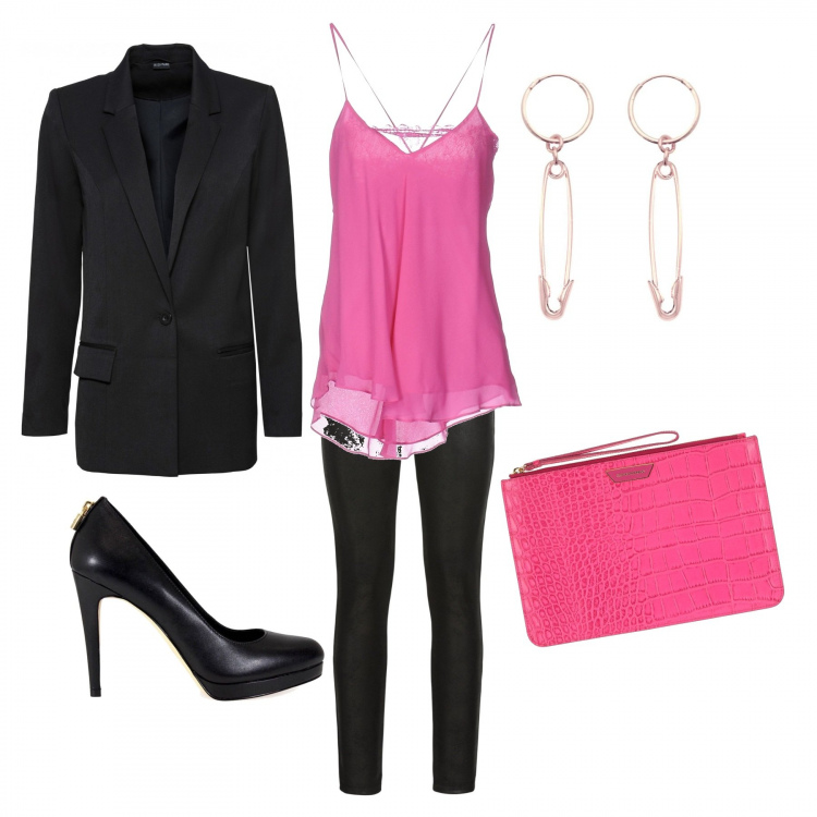 Outfit donna - Pink and Black. Stile Rock per Serata fuori. Abbinamento con leggings effetto scamosciato in pelle sintetica, blazer, top, pochette con stampa e zip interno foderato tinta unita, orecchini, décolleté nero.