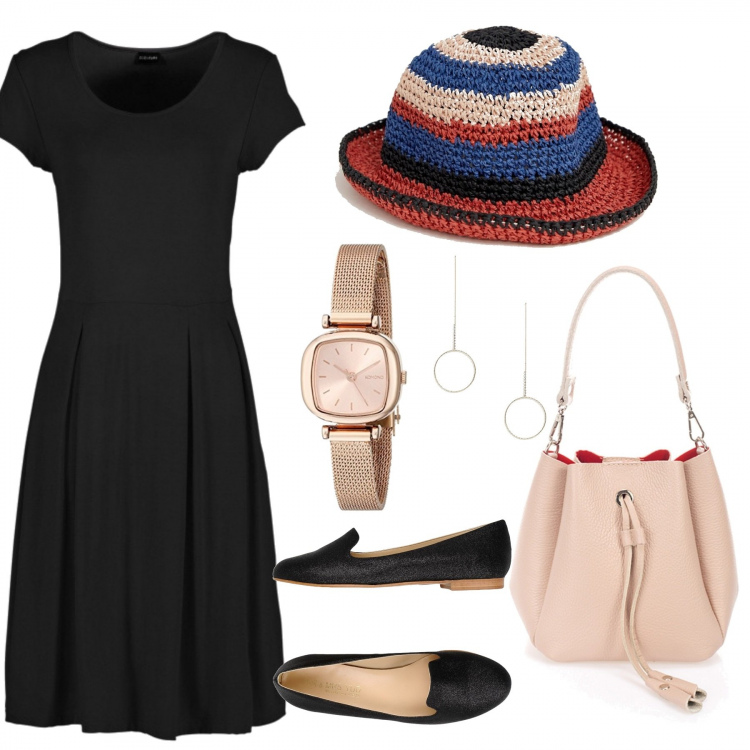 Outfit donna - Basico:little Black dress. Stile Basic per Tutti i giorni. Abbinamento con vestiti, mocassini, borsa a tracolla secchiello con manico e tasca interna, orecchini con cerchi in denim oro, orologio effetto lucido con cinturino, cappello a righe in paglia.