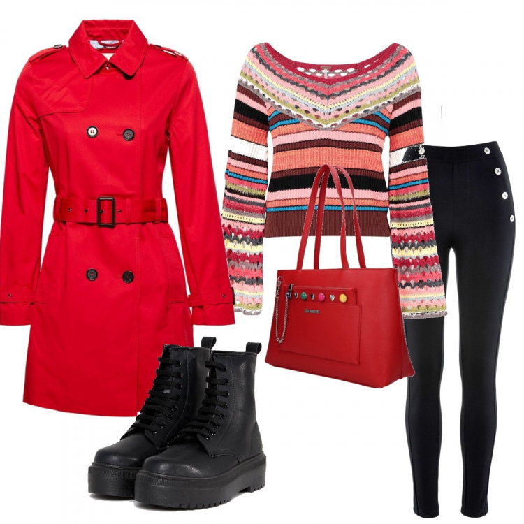 Outfit donna - Trench rosso. Stile Trendy per Tutti i giorni. Abbinamento con leggings, pullover con drappeggio fantasia multicolore lavorato a maglia scollatura a maniche lunghe 97% cotone, borsa a spalla con logo frontale rosso, giubbotto rosso, stivali con stringhe e punta tonda in denim.