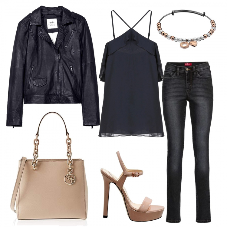 Outfit donna - Rock and glam. Stile Rock per Serata fuori. Abbinamento con jeans slim fit, top con balze collo a v senza maniche interno foderato crêpe, giacca con zip navy, sandali con cinturino effetto vernice, bracciale con perline in oro rosa impreziosito bianco e giallo, borsa a secchiello beige.