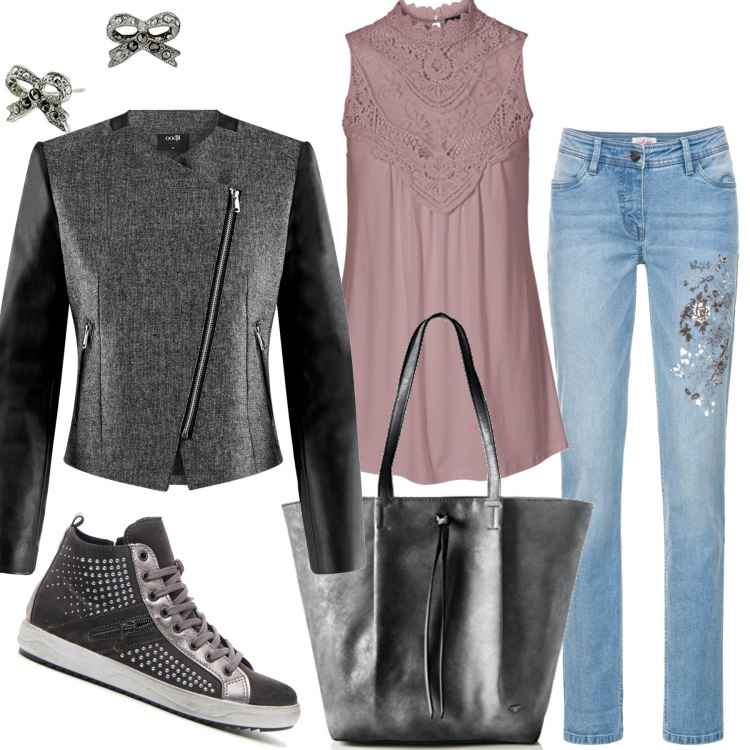 Outfit donna - Tempi moderni. Stile Trendy per Tutti i giorni. Abbinamento con top, jeans elasticizzato, giacca forma asimmetrica con zip in ecopelle aderente grigio, sneakers, borse a spalla, orecchini.