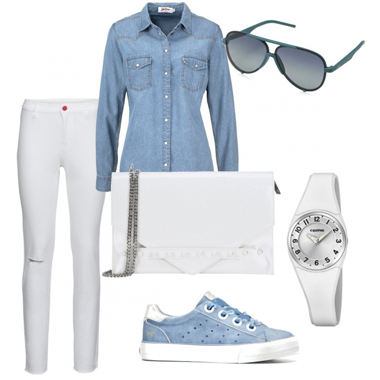 Outfit donna - Trendy #9718. Stile Trendy per Tutti i giorni. Abbinamento con camicie, vestiti, pantalone bianco, borsa a mano effetto vernice taglia media con zip interno foderato tinta unita, orologio analogico con cinturino, occhiali da sole unisex-adulto verde.