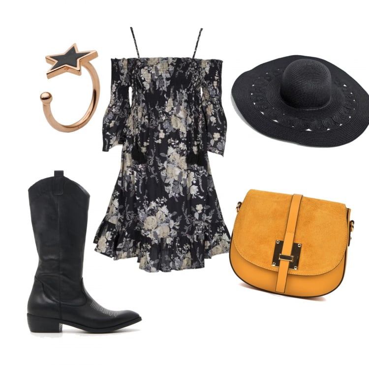Outfit donna - Rock #1234. Stile Rock per Serata fuori. Abbinamento con anello argento, vestito fantasia floreale plissè con spalle scoperte a maniche corte con nappine nero, stivali, borsa a tracolla made italy con fibbia senape, cappello nero.