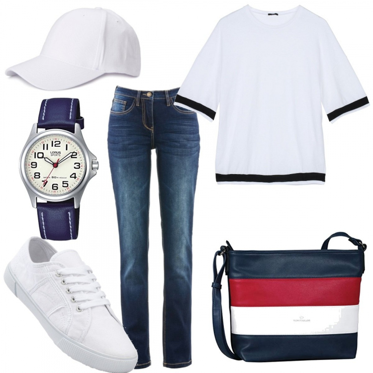 Outfit donna - Righe. Stile Basic per Tutti i giorni. Abbinamento con jeans dritti, sneakers, maglia maxi contrasto girocollo a maniche corte jersey bianco, borsa a tracolla blu, orologi analogici, berretti.