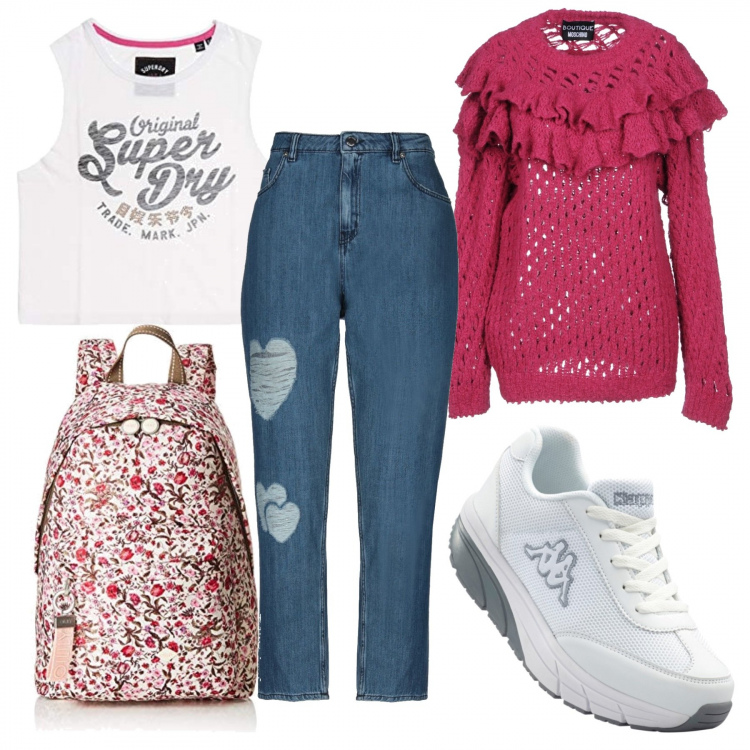 Outfit donna - Il Concertone. Stile Urban per Serata fuori. Abbinamento con sneakers, pullover con balze lavorato a maglia collo tondo a maniche lunghe senza tasche tinta unita, pantalone lungo, zaino rosa, canottiera bianco.