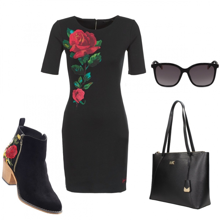 Outfit donna - Roses lover. Stile Trendy per Serata fuori. Abbinamento con stivaletti, borsa a spalla giallo, vestito corto nero, occhiali da sole.