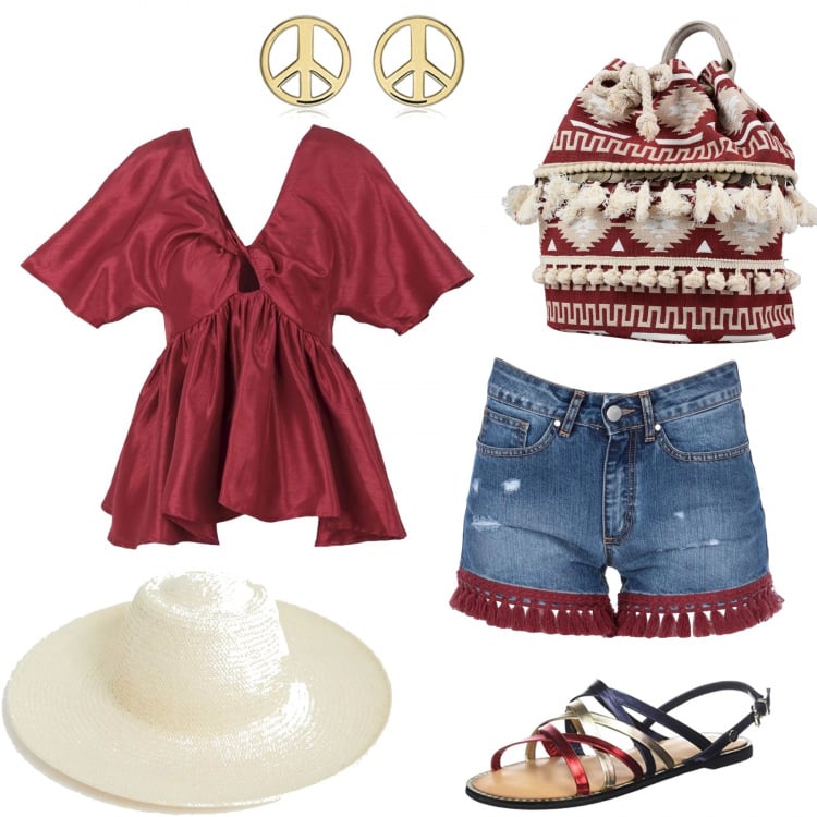 Outfit donna - Coachella. Stile Trendy per Tutti i giorni. Abbinamento con top, shorts effetto strappato vita alta con zip in denim tinta unita, borsa, sandali con cinturino effetto metallizzato in pelle, orecchini a perno in oro giallo, cappello in paglia.