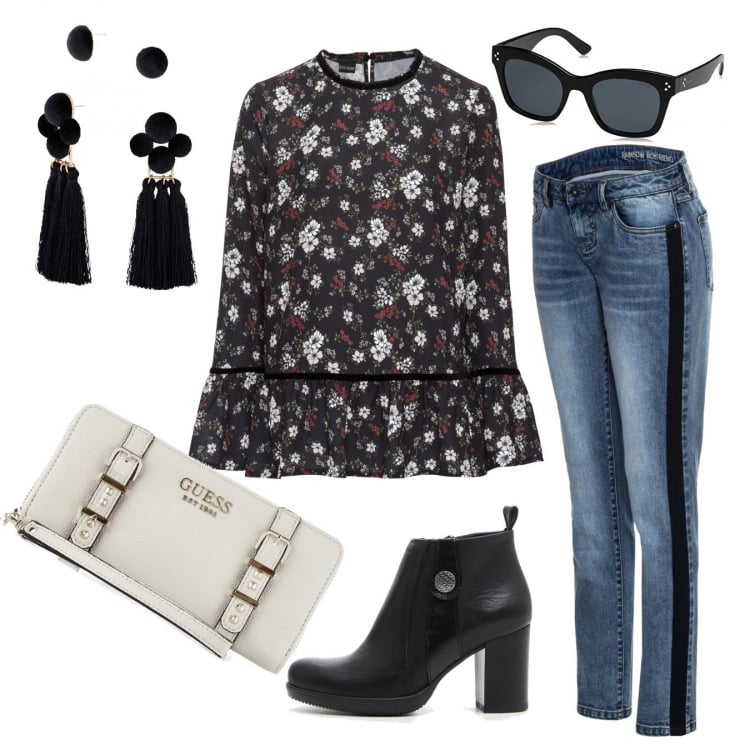 Outfit donna - Fiori con grinta. Stile Etnico per Tutti i giorni. Abbinamento con felpe, jeans boyfriend con bande laterali contrasto blu, orecchini, tronchetti, portafoglio con zip in pelle sintetica con scomparti beige, occhiali da sole nero.