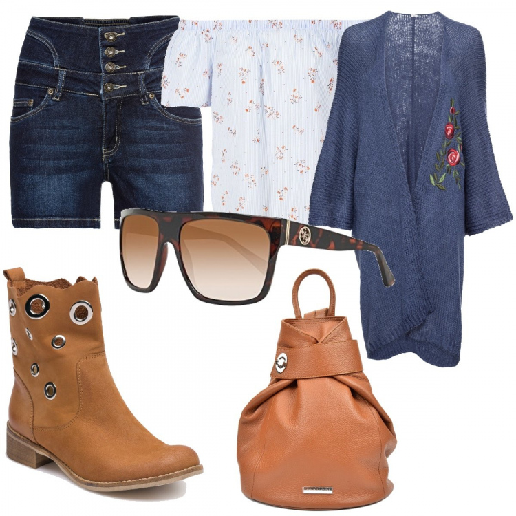 Outfit donna - A tutto festival. Stile Basic per Tutti i giorni. Abbinamento con cardigan, shorts vita alta in denim, camicetta blu, zaino made italy con zip, stivaletti con tacco e punta tonda cammello, occhiali da sole.