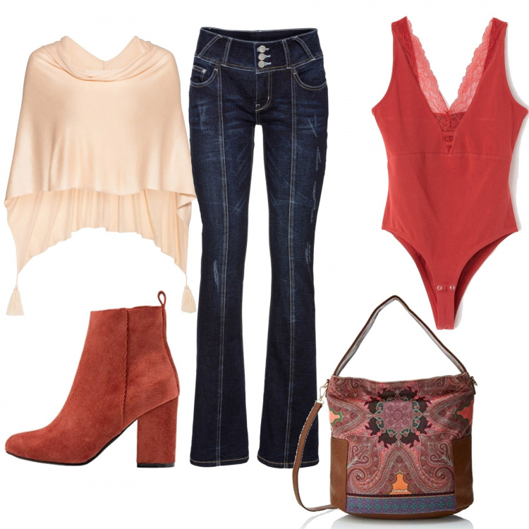 Outfit donna - Coachella time. Stile Etnico per Serata fuori. Abbinamento con jeans bootcut, poncio in in maglia, body con pizzo, borsa a spalla arancione, stivaletti con tacco alto.