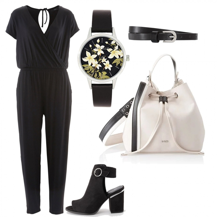 Outfit donna - Tempo dei fiori. Stile Basic per Ufficio. Abbinamento con tute, cinture, sabot nero, borsa a tracolla secchiello a righe in ecopelle rosa, orologio con cinturino e stampa.