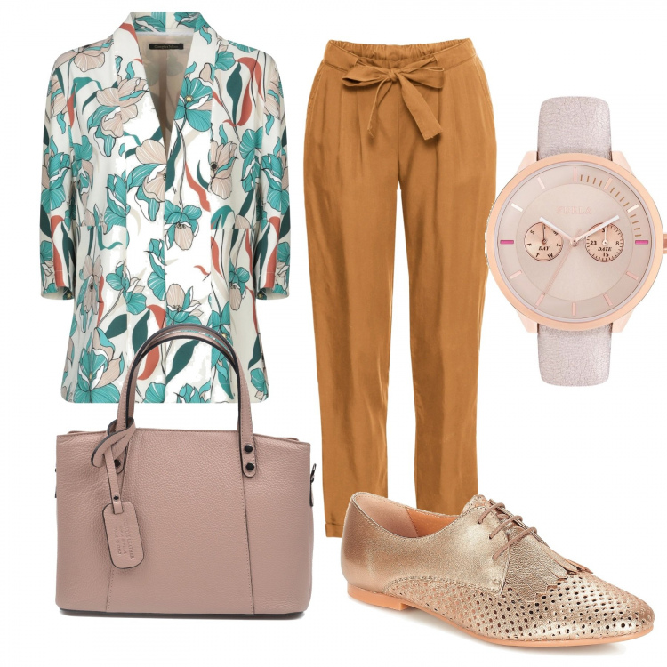 Outfit donna - Urban #3571. Stile Urban per Tutti i giorni. Abbinamento con giacca fantasia floreale scollatura profonda a maniche lunghe interno foderato crêpe, shopping bag, scarpe oro, charm con zip e scomparti, orologio in oro rosa.