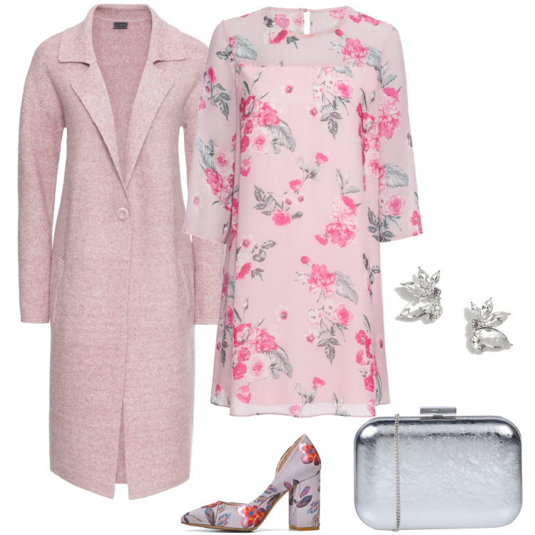 Outfit donna - Madrina di battesimo. Stile Bon Ton per Cerimonia. Abbinamento con cappotti, vestito chiffon rosa, décolleté, borsa a mano petit effetto laminato interno foderato tinta unita, orecchini a bottone con strass farfalla con perle.