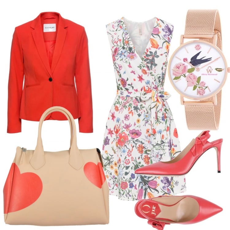 Outfit donna - Chic #5523. Stile Chic per Tutti i giorni. Abbinamento con décolleté con fiocco a punta tinta unita, vestito con cintura bianco, blazer, borsa a mano con stampa rosa, orologio.