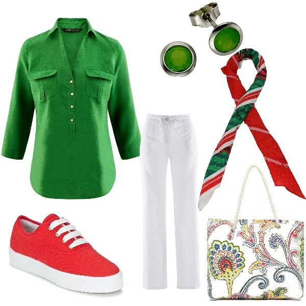Outfit donna - Il mio colore preferito. Stile Basic per Tutti i giorni. Abbinamento con pantaloni a palazzo, foulard verde, sneakers, camicetta con tasche verde, borsa a mano con stampa e zip bianco e multicolore, orecchini con zirconia in sterling 925 argento e multicolore.