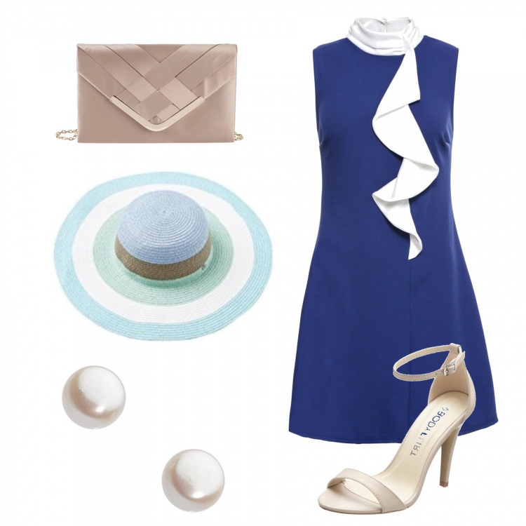 Outfit donna - Il party in piscina. Stile Trendy per Cerimonia. Abbinamento con gonne, vestito con volant blu, sandali in pelle, orecchini a perno con perle farfallina effetto lucido argento, cappello verde.