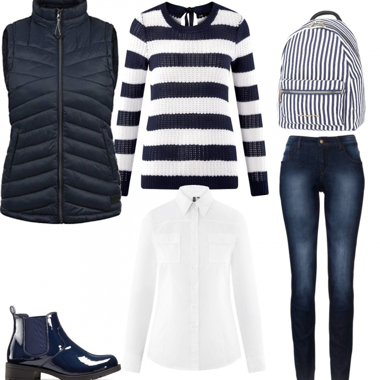 Outfit donna - Pasquetta #mi vesto bene con poco. Stile Trendy per Tutti i giorni. Abbinamento con jeans skinny, stivaletti chelsea, borsa, maglia a goccia con laccetti aderente blu, gilet, camicia con taschini fantasia aderente bianco.