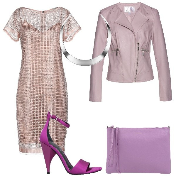 Outfit donna - Disco. Stile Trendy per Serata fuori. Abbinamento con giacca in pelle sintetica viola, vestiti corti, sandali col tacco, borsa a mano in pelle martellata taglia media con zip interno foderato tinta unita, collana girocollo rigido.