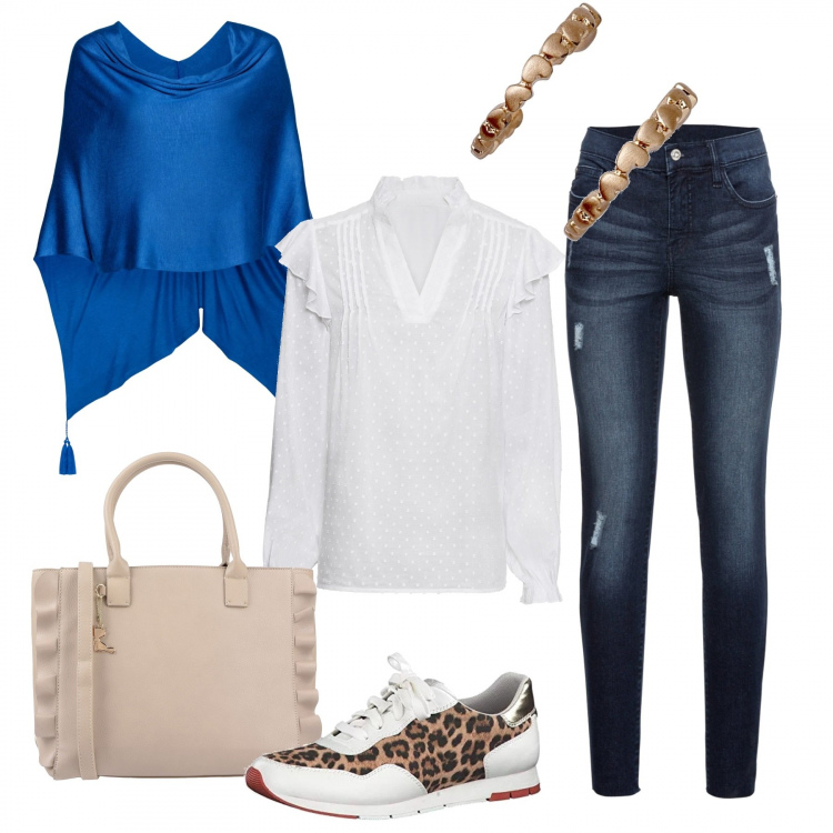 Outfit donna - Sneakers glam. Stile Trendy per Tutti i giorni. Abbinamento con jeans strappati, poncio in in maglia, blusa con volant e scollo bianco, borsa a mano con ruches taglia media con zip in pelle sintetica tinta unita, scarpe da ginnastica animalier multicolore, orecchini.