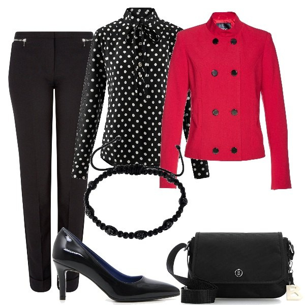 Outfit donna - Basic #5848. Stile Basic per Ufficio. Abbinamento con giacchina colletto dritto rosso, camicetta con laccetti aderente nero, pantalone con zip aderente nero, décolleté, bracciale, borsa a spalla nero.
