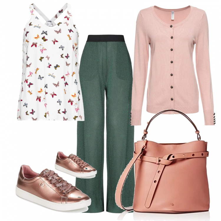Outfit donna - Voglia di rosa. Stile Basic per Scuola/Università. Abbinamento con top, cardigan, pantalone lavorato a maglia vita alta tinta unita, scarpe rosa, borsa a mano taglia unica rosa.