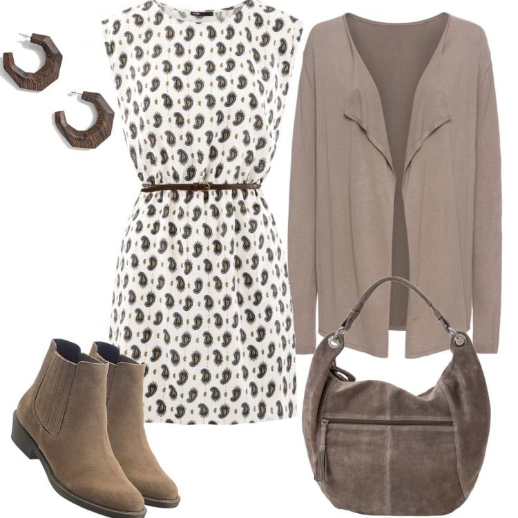 Outfit donna - Un caffè macchiato, grazie.. Stile Trendy per Tutti i giorni. Abbinamento con maglieria, stivaletti marrone, shopping bag marrone, vestito al ginocchio con cintura e stampa aderente avorio, orecchini farfalla in denim.