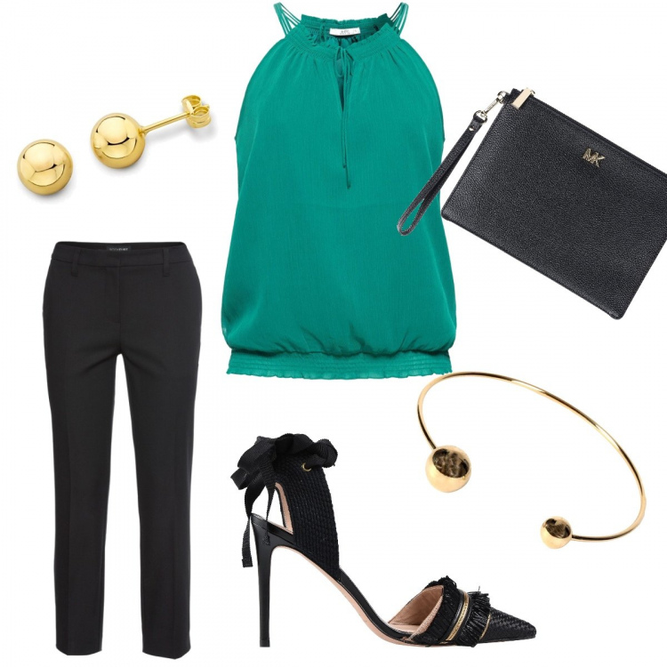 Outfit donna - Green no doubt. Stile Chic per Serata fuori. Abbinamento con pantaloni, décolleté tweed con tacco spillo a punta in rafia tinta unita, bracciale in ottone oro, pochette in pelle martellata con zip interno foderato in pelle tinta unita, camicia verde, orecchini in oro giallo certificato autenticità.