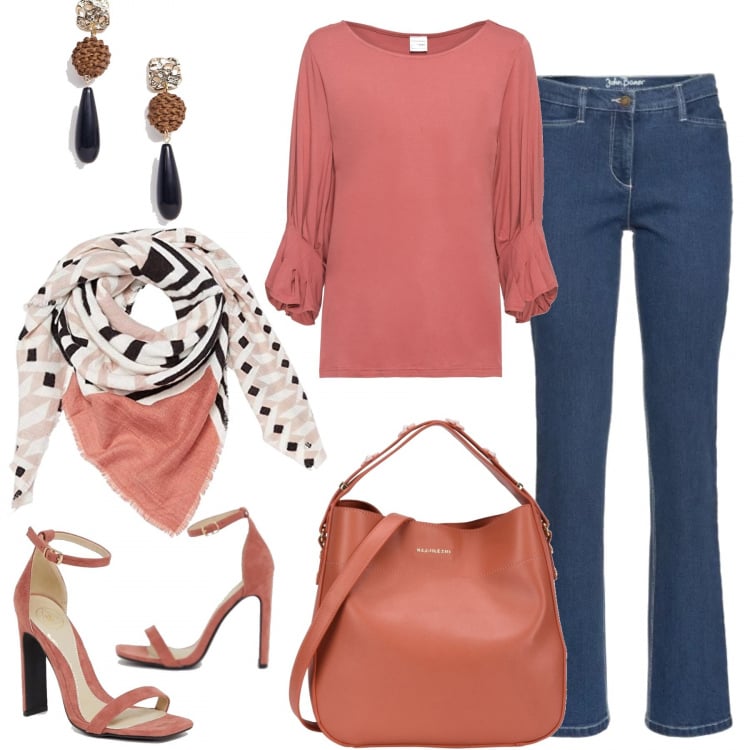 Outfit donna - Domenica in rosa salmone. Stile Basic per Tutti i giorni. Abbinamento con borsa a mano con manico contrasto taglia media con zip interno foderato in pelle sintetica tinta unita, gonne lunghe, maglia, slip taglia unica rosa, scarpe collo aperto con punta quadrata nudo, orecchini oro.
