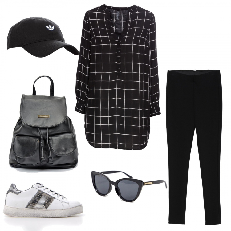 Outfit donna - Urban #3594. Stile Urban per Tutti i giorni. Abbinamento con bluse, leggings nero, sneakers basse con fasce e punta tonda bianco, occhiali da sole a gatto lenti scure estremità ricurve con logo nero, zaino made italy con coulisse nero, cappello nero.