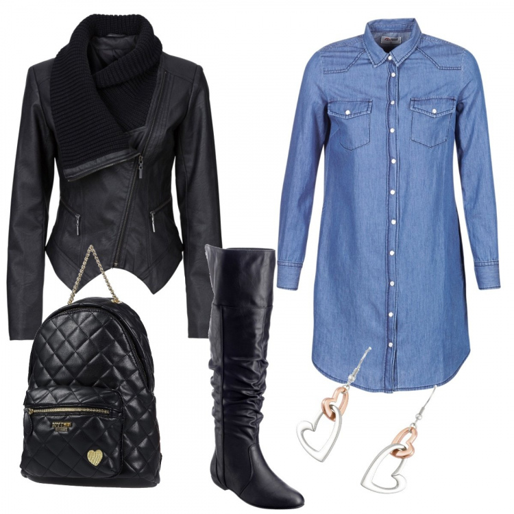 Outfit donna - Basic #5875. Stile Basic per Tutti i giorni. Abbinamento con blazer, stivali sopra il ginocchio, borsa, vestito corto blu, orecchini pendenti.