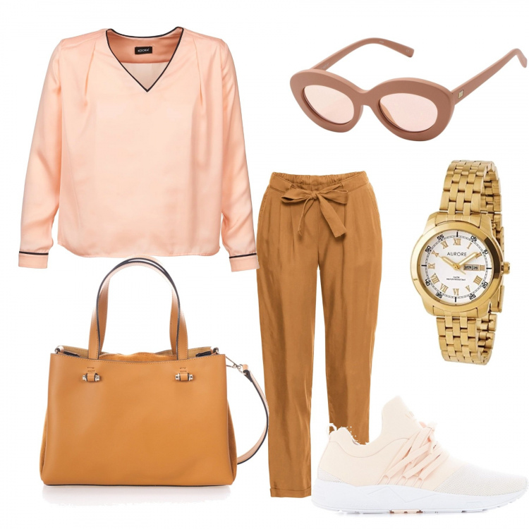 Outfit donna - Urban #3601. Stile Urban per Scuola/Università. Abbinamento con occhiali da sole lenti colorate montatura in plastica, shopping bag, camicetta beige, sneakers con stampa e lacci rosa, borsa a mano con zip e tracolla removibile, orologi.
