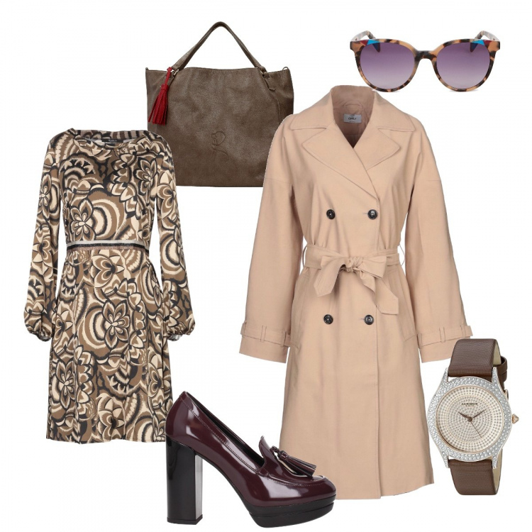 Outfit donna - Trendy #9957. Stile Trendy per Tutti i giorni. Abbinamento con vestito corto fantasia floreale effetto laminato collo tondo a maniche lunghe interno sfoderato crêpe, caban doppiopetto, borsa a mano con logo frontale grigio, décolleté con frange viola, orologio analogico con cinturino marrone, occhiali da sole.