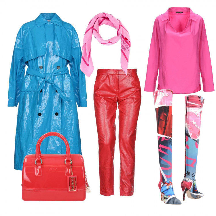 Outfit donna - Esplosione di colori sotto la pioggia. Stile Trendy per Tutti i giorni. Abbinamento con stivali fantasia multicolore con zip a punta, blusa collo classico a maniche lunghe tinta unita, pantaloni, cappotto, borsa a mano con logo frontale rosa, foulard made italy con stampa in seta rosa.