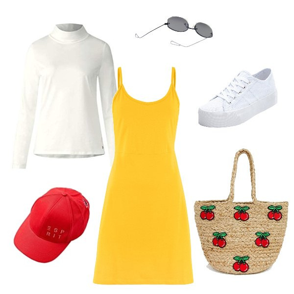 Outfit donna - La Borsa di Paglia!. Stile Trendy per Mare. Abbinamento con sneakers, vestito corto, pantalone corto maxi con stampa in paglia, berretto baseball rosso, t-shirt a maniche lunghe bianco, occhiali da sole lenti scure stanghette sottili in denim nero.