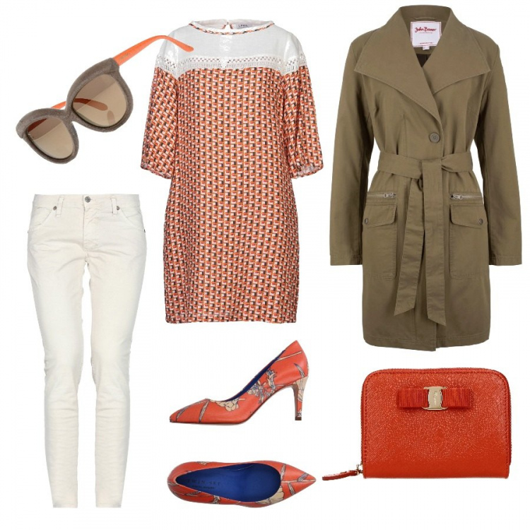 Outfit donna - #trendy col #trench. Stile Trendy per Tutti i giorni. Abbinamento con trench, vestito corto, décolleté fantasia floreale a punta, occhiali da sole lenti colorate tinta unita, pantalone delavé con zip in gabardine tinta unita, portafogli.
