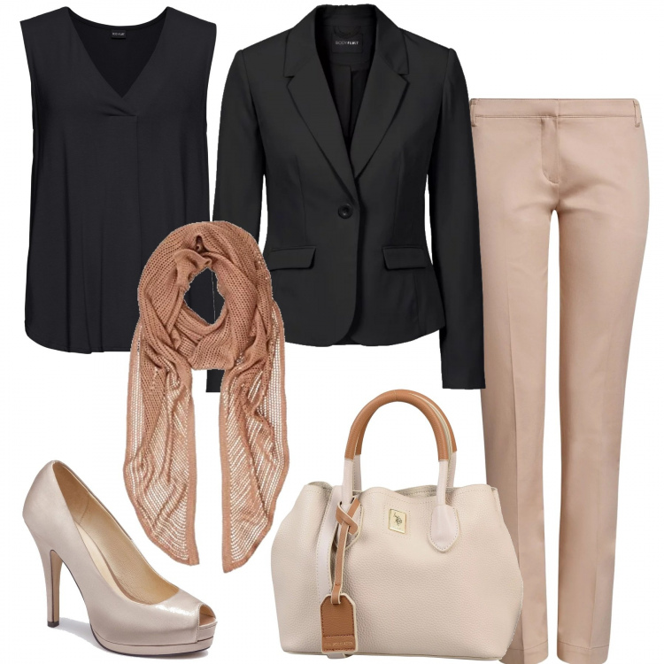 Outfit donna - Il nero incontra il nude. Stile Chic per Ufficio. Abbinamento con top, blazer, borsa a mano taglia media doppio manico in pelle sintetica tinta unita, pantalone aderente beige, scarpe col tacco con punta tonda beige, sciarpa lunga.
