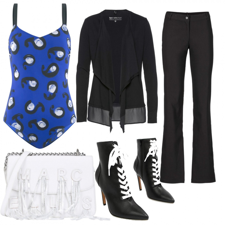 Outfit donna - Etnico a 100 euro. Stile Etnico per Tutti i giorni. Abbinamento con pantaloni, giacca chiffon in maglina nero, costume intero aderente, borsa a spalla con manico e frange taglia media interno foderato in pelle sintetica tinta unita, stivaletti con stringhe.