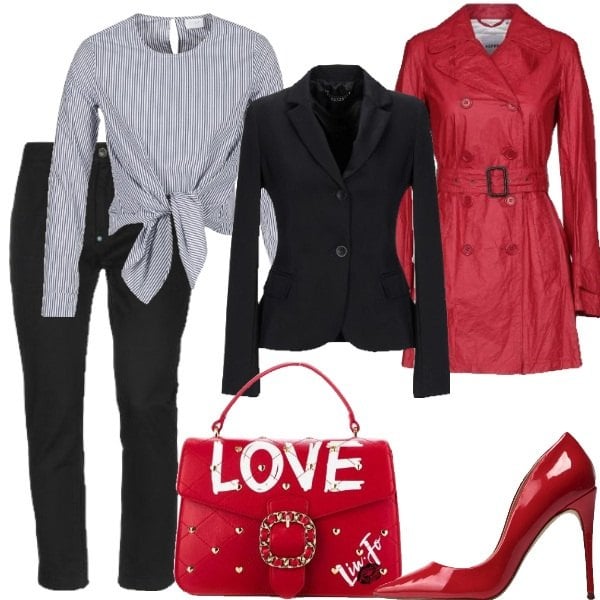 Outfit donna - Amore in rosso. Stile Trendy per Ufficio. Abbinamento con soprabito, blazer, pantalone bianco, zeppe, camicetta bianco, borsa a mano con manico e borchie con zip in ecopelle con tracolla regolabile rosso e oro.
